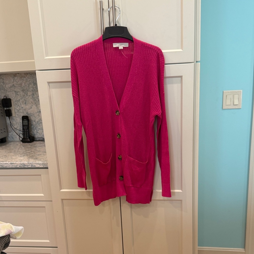 LOFT Vibrant Pink Ribbed Cardigan